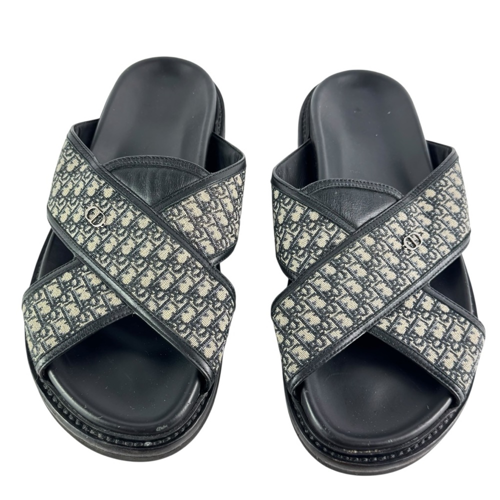DIOR Aqua Oblique Jacquard Blue Canvas Black Leather Mens Slides Sandals 43-10US